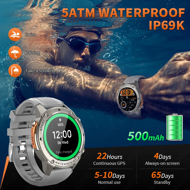 LIGE 5ATM Smart Watch 1.43" AMOLED Screen Voice Call Outdoor Sports Watches Men Waterproof 500mAh Battery Health GPS Smartwatch