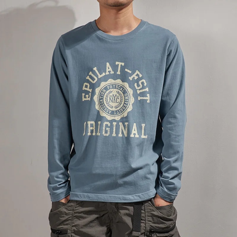 

washed Autumn sanding new cotton letter printing Joker casual shirt men's round neck long sleeve base T-shirt