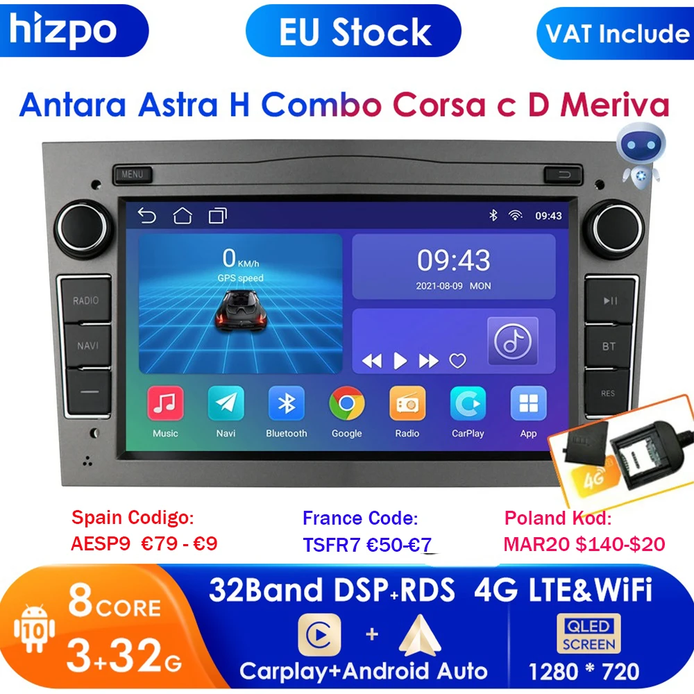 Radio con GPS para coche, reproductor con Android, 64 GB, 4G, LTE, 2 Din, para Opel Astra H, J, 2004, Vectra, Vauxhall, Antara, Zafira, Corsa C, D, Vivaro, Meriva, Veda