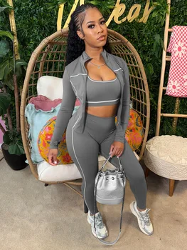 Weird Puss Casual 3 Piece Set Women Tracksuit Elastic Vest+Zip Jacket+Leggings Matching Street Sporty Fitness Street Shapewear 1