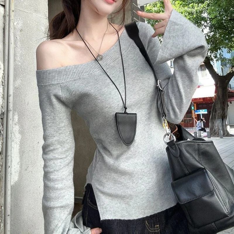 Fleece Warm Off Shoulder Long Sleeve T Shirt Women One Shoulder Fitted Basic Plain Tee Shirt Lady Split Casual Top Autumn Winter