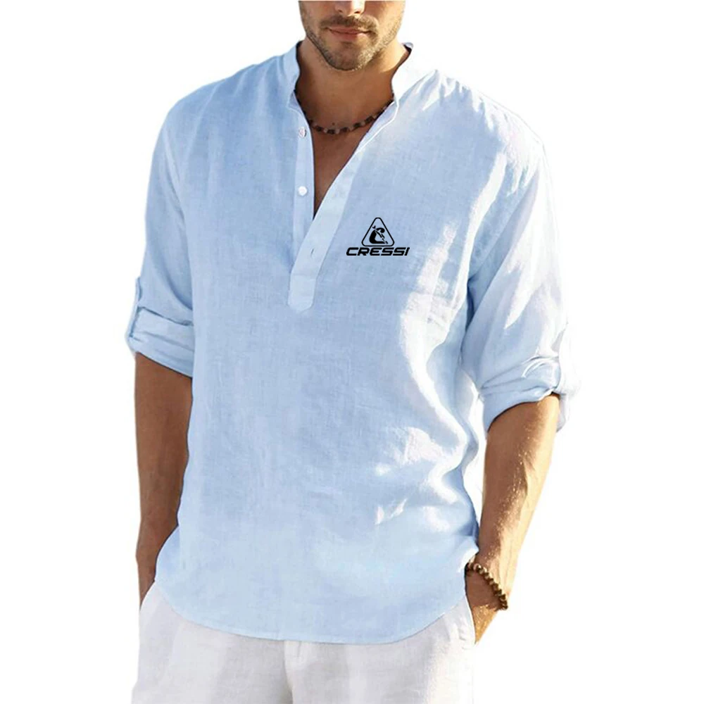 Scuba Dive Cressi 2023 Summer style Men's High quality leisure fashion Linen Long Sleeve Shirt Solid Color Casual Cotton Tops