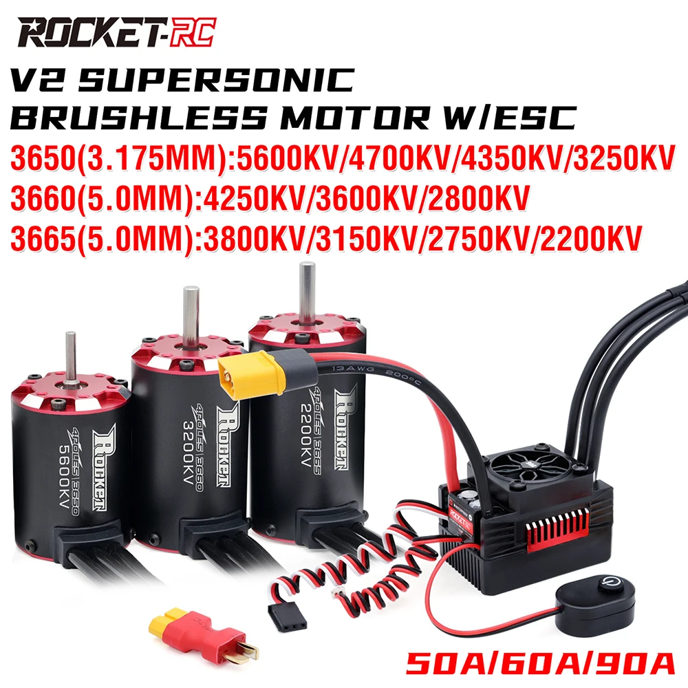 

Rocket V2 Supersonic Brushless Motor w/Temp Sensor 3650 3660 3665 w/50A 60A 90A ESC for 1/8 1/10 Tamiya Traxxas RC Racing Car