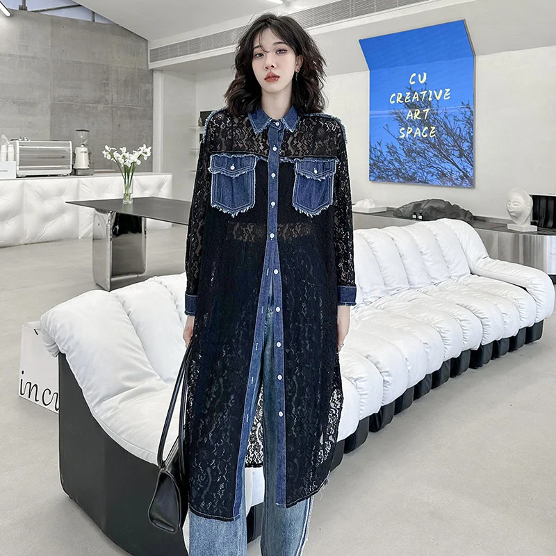 

2023 Summer Mesh Splice Lace Women Causal Shirt Loose Dress