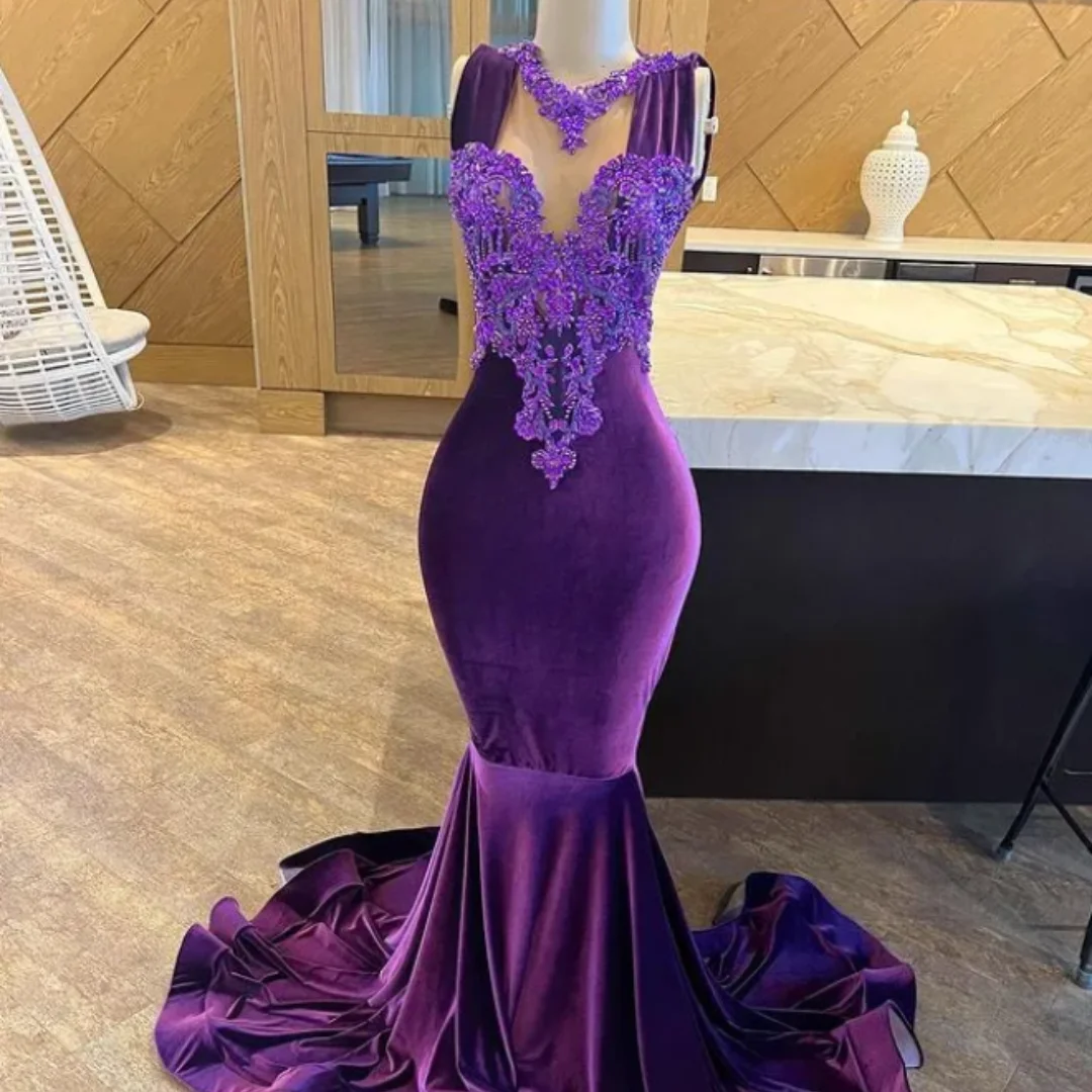 

2024 Purple Mermaid Prom Dress Beaded Crystals Velvet Evening Formal Party Appliques Gowns Dresses Robe De Soiree Arabic Aso Ebi