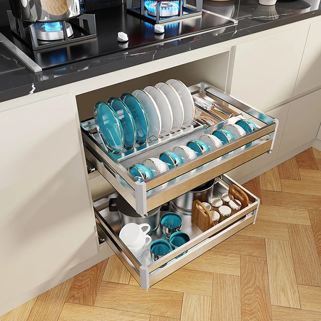 Large Kitchen 2 Tier Sliding Cabinet Basket Pull Out Organizer Drawer  Pantry Under Sink Desktop Storage Dish Rack - AliExpress