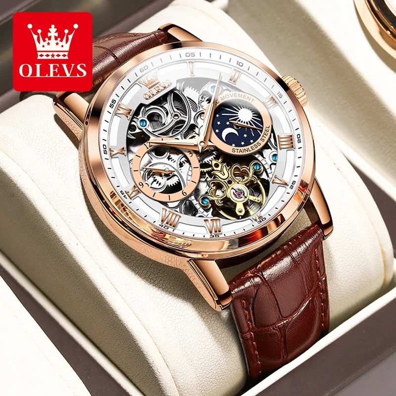 OLEVS 6670 Mechanical Fashion Watch Genuine Leather Watchband Round-dial Moon Phase Month Display 3