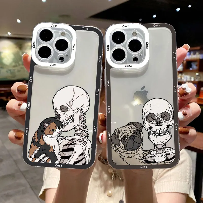 Luxury Funny Cute Skeleton Skull And Cat Clear Case for iPhone 11