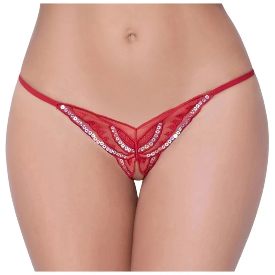 Womens Panties Lace Sequins Embroidery Open Crotch Briefs Thong Transparent T Pants Underwear women lingerie