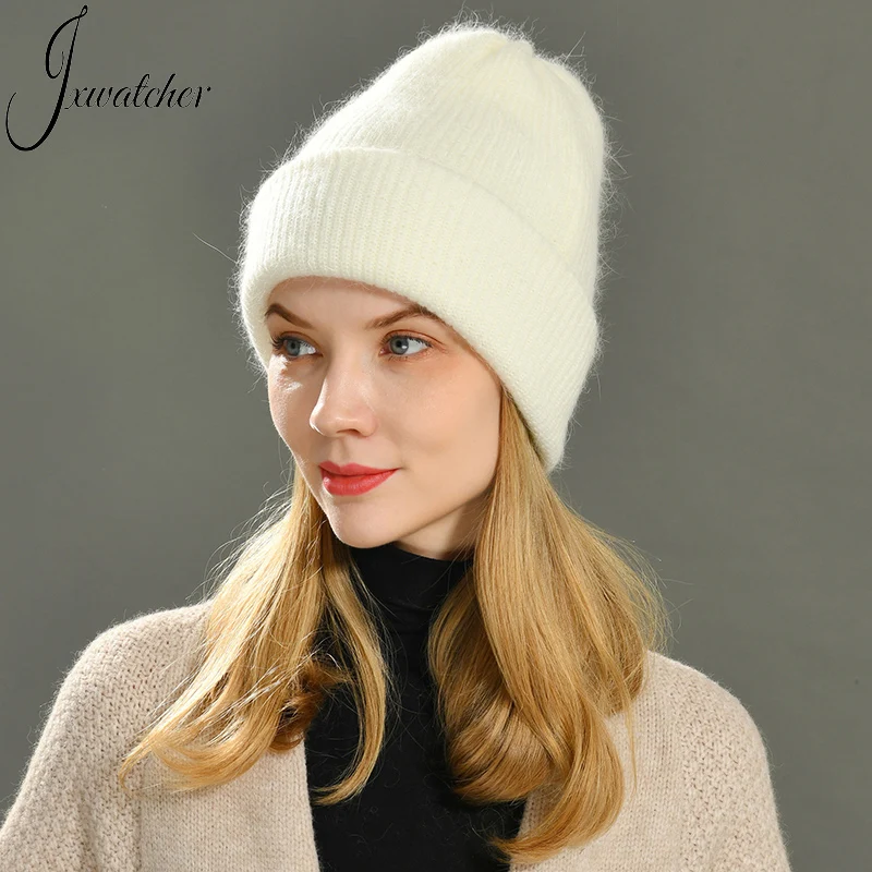 

Jxwatcher Knitted Beanie Hat for Women Long Rabbit Cashmere Double Layer Wool Winter Hats Thicken Warm Cuffed Skullies Girls Cap