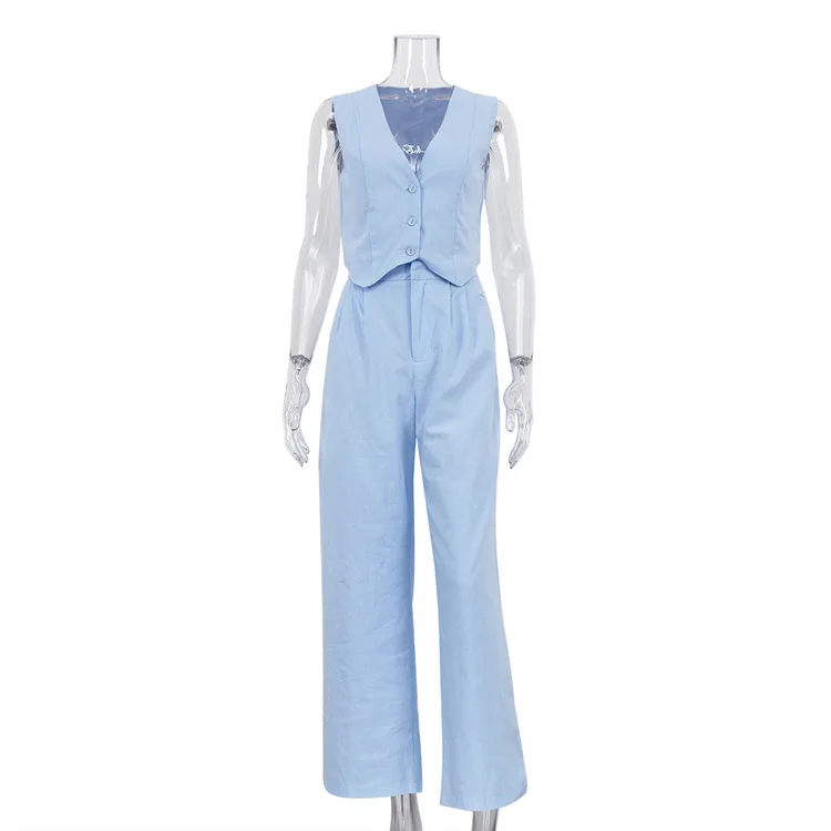 Cotton Linen 2 Pieces Set Outfit Sleeveless Button V-Neck Vest Vest + High Waist Wide Leg Straight Pant Sets 2023 Matching Set