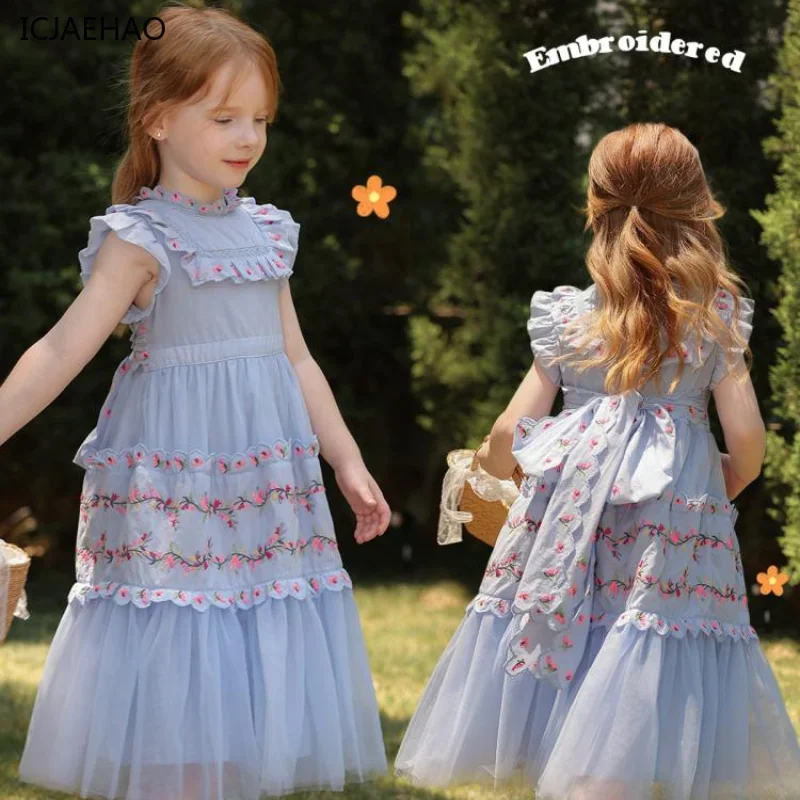 Vintage Baby Girl Dresses Sleeveless O-Neck Palace Princess Floral Embroidery Matching Newborn Vestidos for Eid Summer