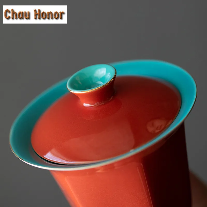 120ml Retro Red Ceramic Glaze Hexagon Tea Tureen Tea Bowl With Cover Tea Maker Gaiwan Household Kung Fu Tea Hand Grasping Bowl