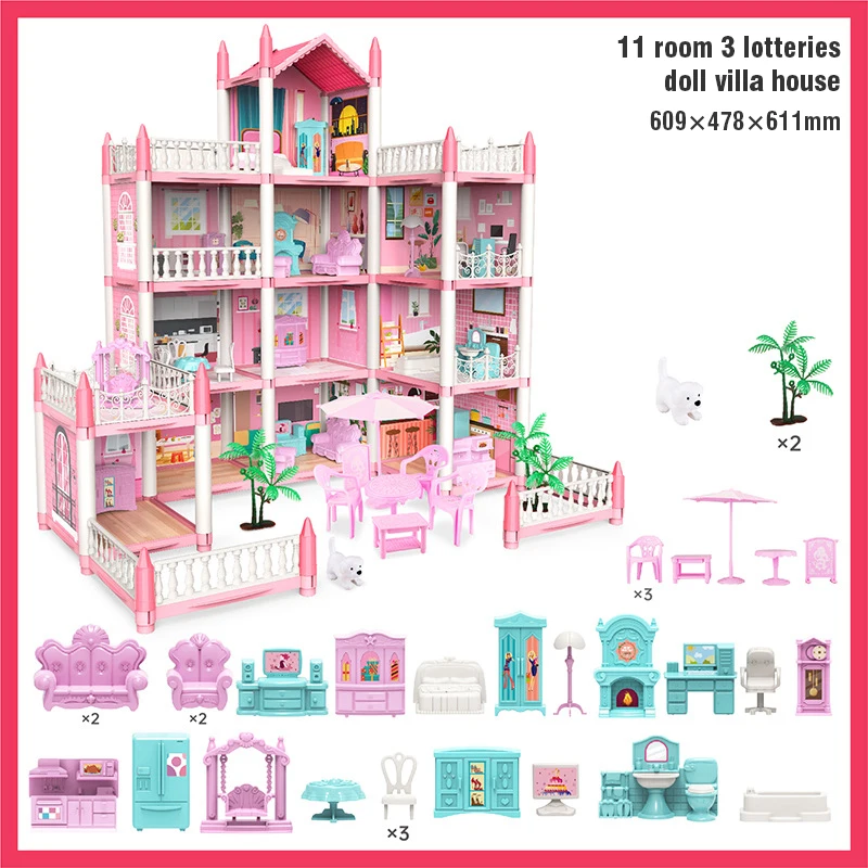 Large Doll House Assembly Villa House 3D Diy Dream Princess Castle Villa Assembly Doll House Set Toy Girl Pretend Family Toy