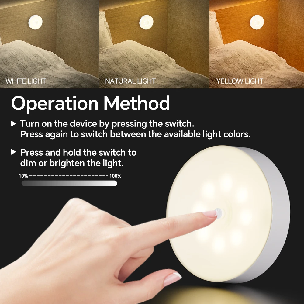 LED Closet Light, Rechargeable Step Puck Light with 3 Light Color Modes,  Dimmable Night Light for Kitchen Bedroom Stair Hallway