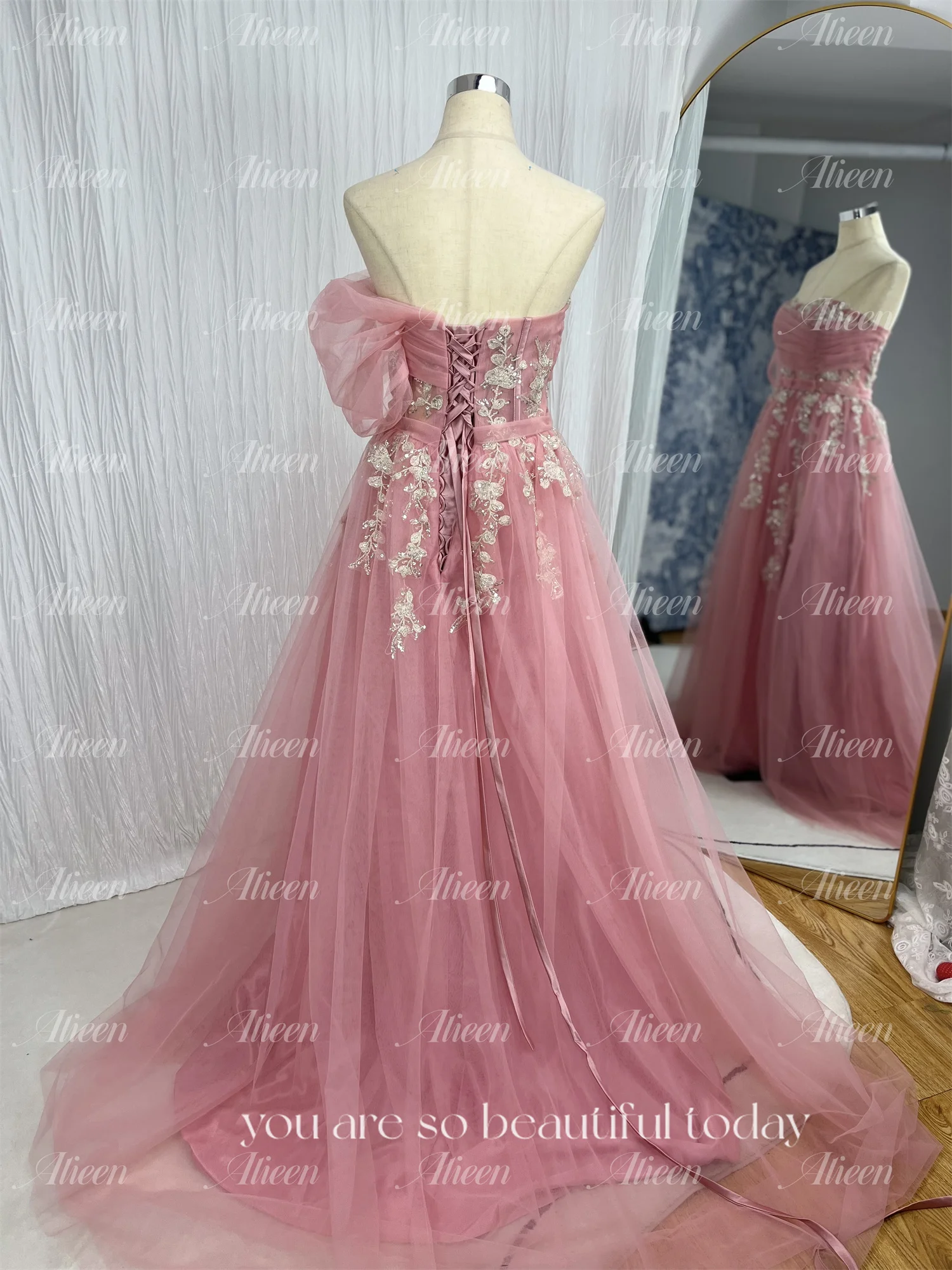 Women Prom Dresses Aileen Shiny A-line Beads Sweetheart Pink Robe Soiree Prom Dress Women Elegant Party Saudi Evening Dresses Ball Gowns Gala