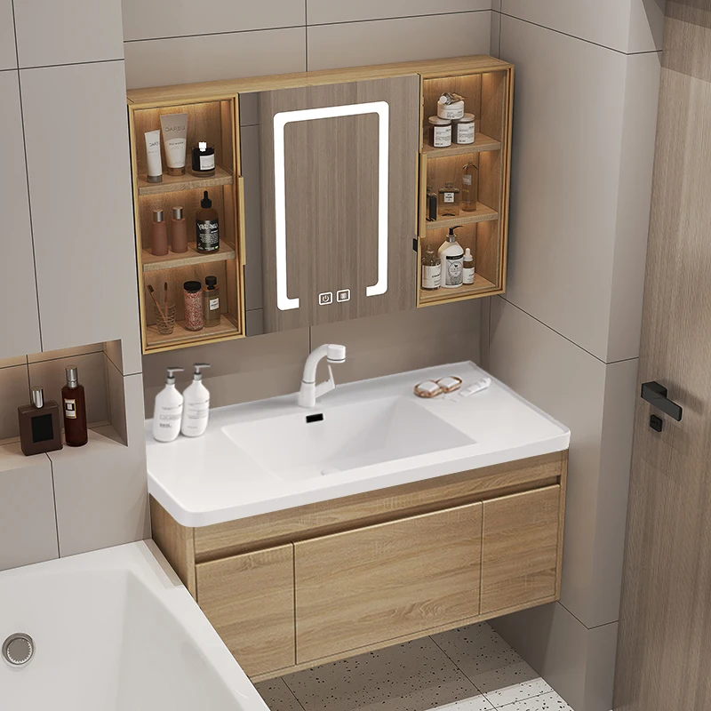 Bathroom Storage Cabinet With Sink Modern Solid Wood Bathroom Vanity Led Mirror Furniture