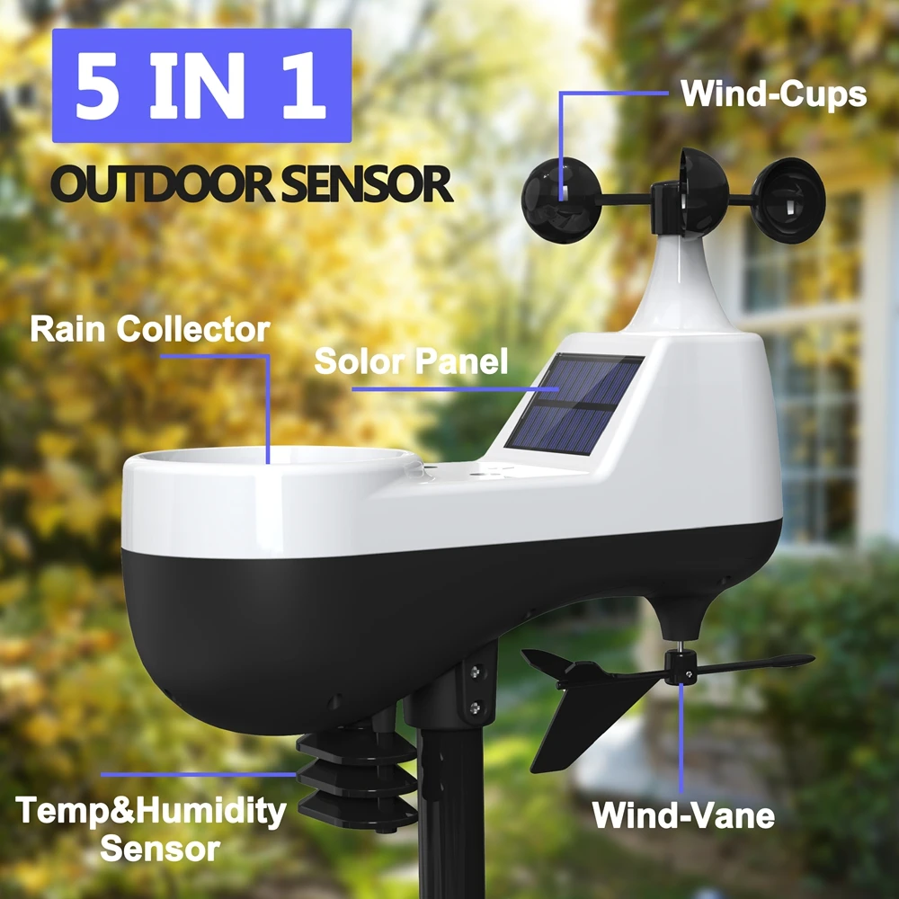 Tuya Wireless Weather Station Auto Alarm Clock Calendar Thermo-Hygro UV Sunlight Wind Rainfall Gauge Solar Panel Forecast Sensor