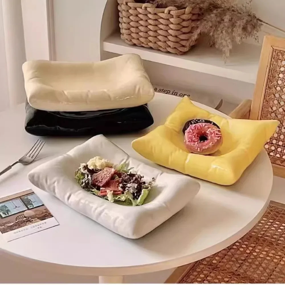 Creative Pillow Ceramic Plate Steak Dessert Sushi Plate Square Rectangular Ceramic Storage Tray Tableware Kitchen Accessories