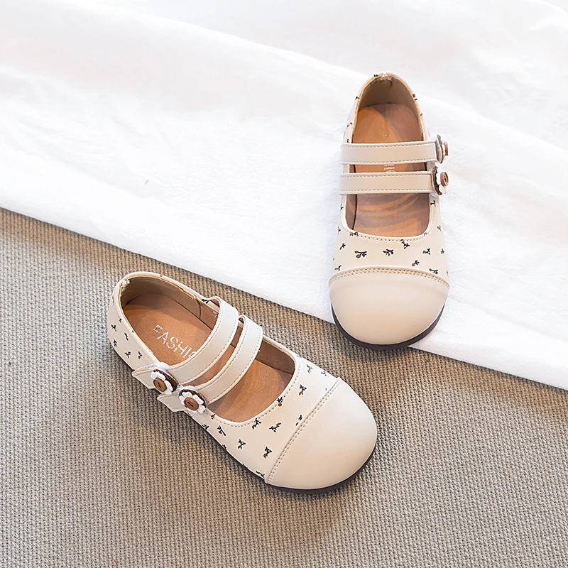 Leather Girls Ballet Flats with Floral Print Soft Sole