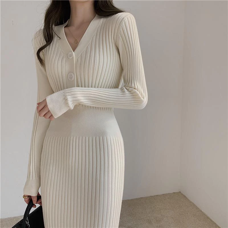 

Autumn Winter Knitted Dresses Tunic Elegant Bodycon Slim Fit Sexy Fashion Long Sleeve V Neck Button Fly Knee-length Korean Dress