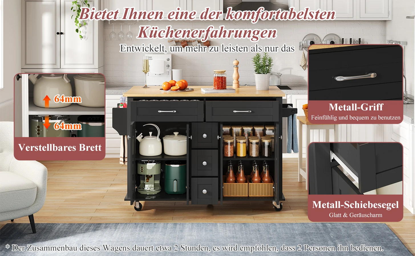 Multifunktionaler Küchenwagen mit ausklappbarer Arbeitsplatte, erweiterbar auf 120×65 cm, mit 5 Schubladen, Schränken, Gewürz- und Handtuchhaltern – Detail 11