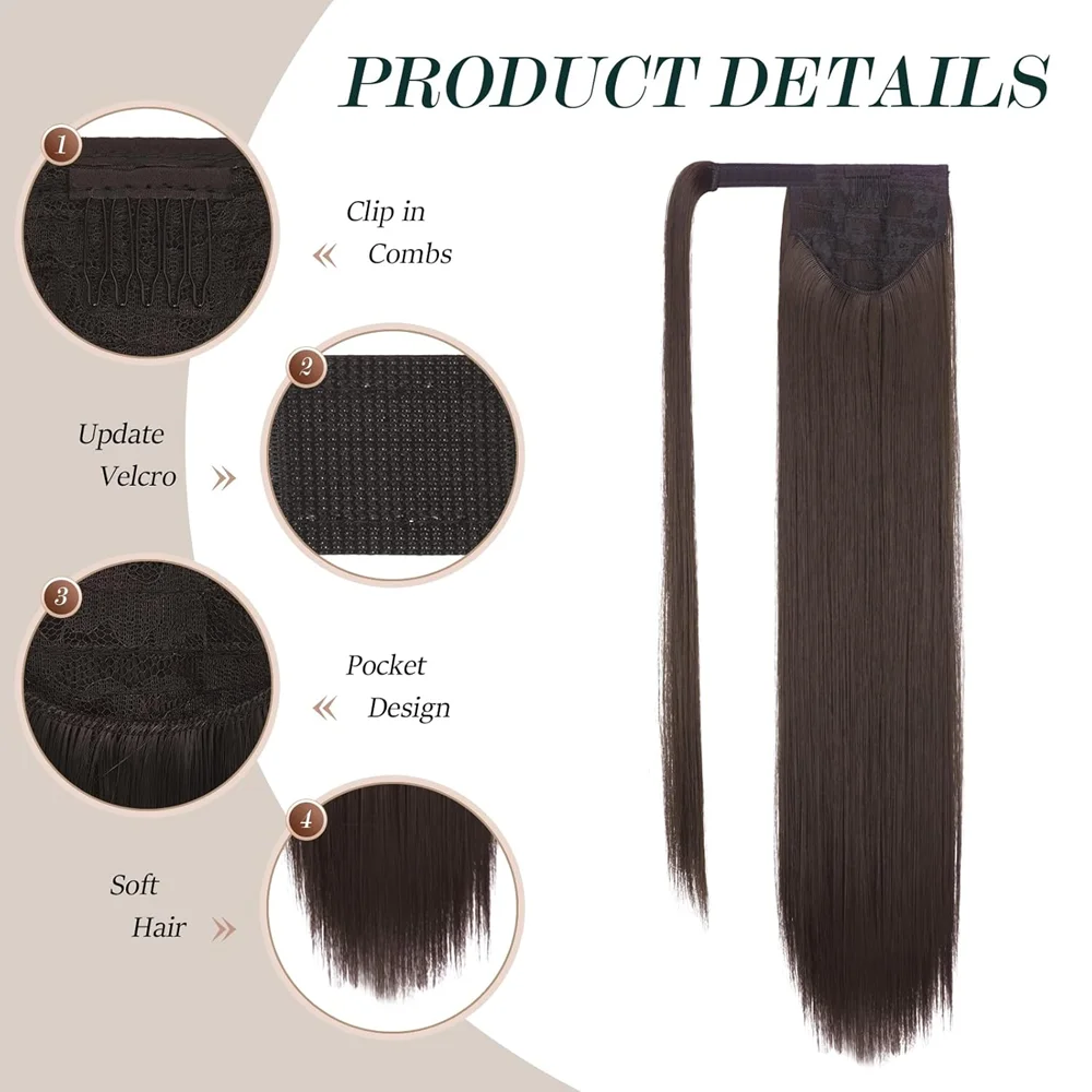 24 Inch Long Straight Wrap Around Synthetic Ponytails Hair Piece Natural Color Soft Extensions Hairpieces for Women Daily Use