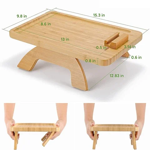 

Bamboo Sofa Tray Table Storage with Leg Tray Sofa Tray Foldable Bed TV Snack Remote Control/Coffee/Snack Armrest Clip-On Tray