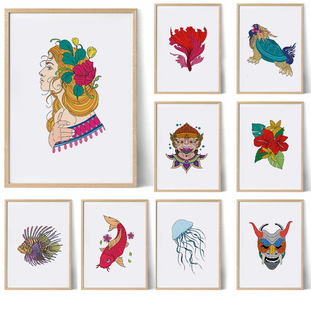 

Cartoon Dragon Fish Flowers Jellyfish Nordic Posters and Prints Wall Art Canvas Painting Wall Picture for Living Room Home Decor