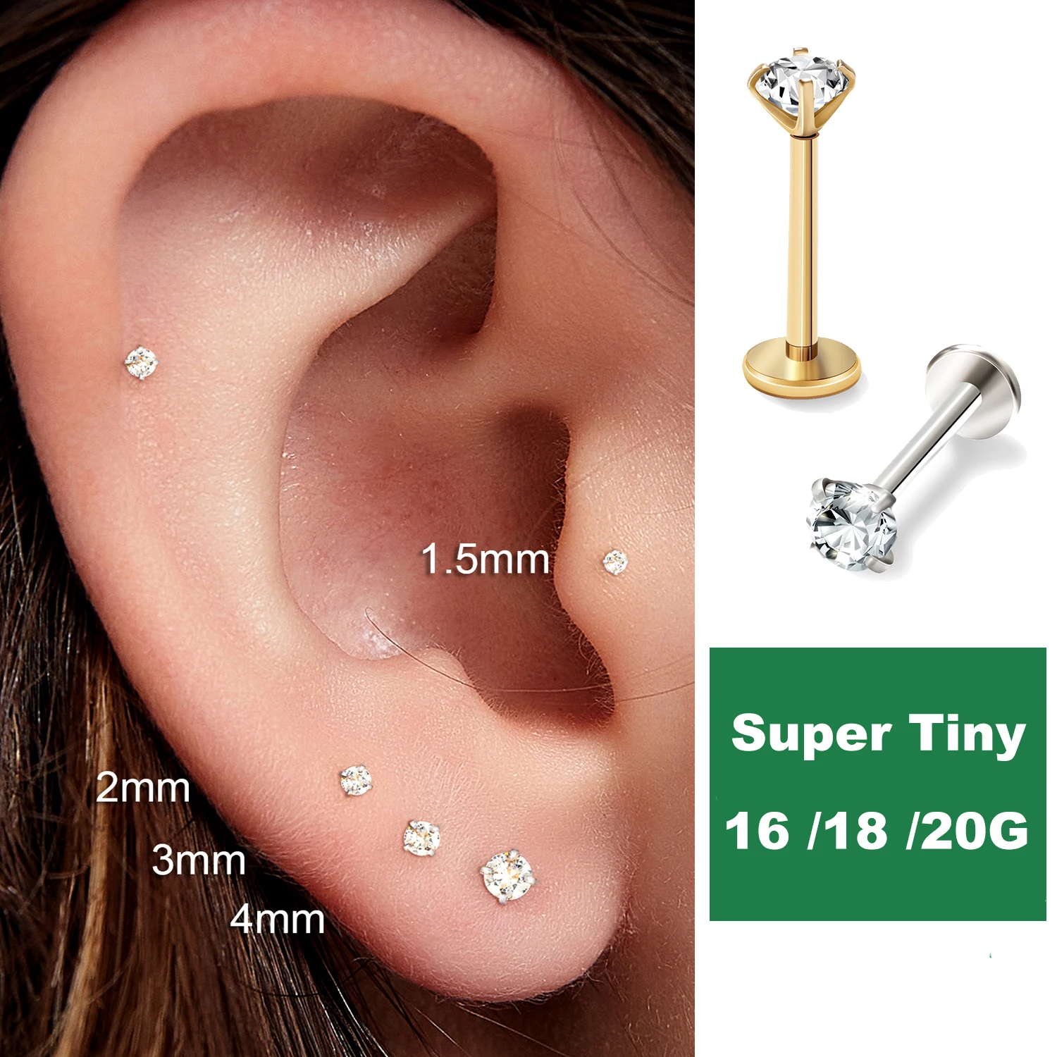 14K Gold Flat Back Push-In Stud - Cartilage, Tragus, Lip, Nose