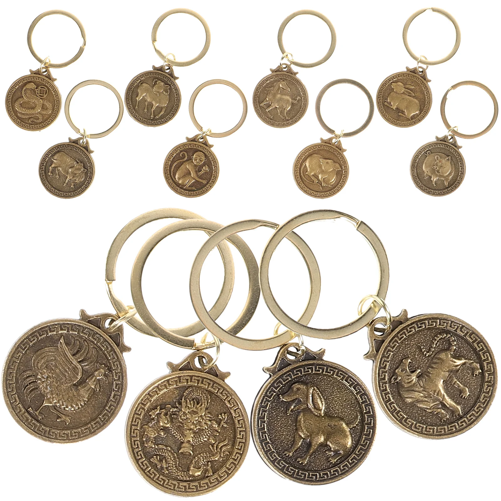 

12Pcs Twelve Chinese Zodiac Sign Pendants Auspicious Keychian Pendant (Golden)