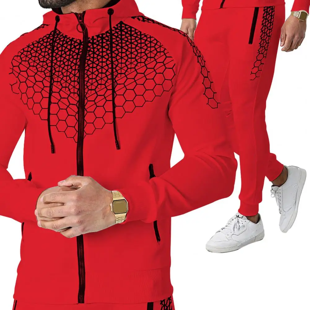 

Men Coat Pants Set Women's Honeycomb Print Sportswear Set Hooded Cardigan Coat Elastic Waist Sweatpants Casual for Active