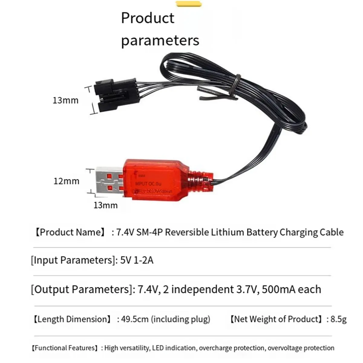 AS62 7.4V 500mA SM-4P 플러그 USB 충전기 DE36W, DE65, HM202, EC08, EC16 RC 자동차 장난감 배터리 충전기 케이블 10PCS
