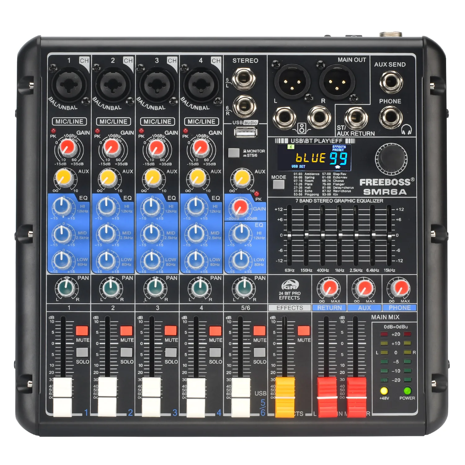 FREEBOSS 6 채널 사운드 오디오 믹서 99 디지털 효과 블루투스 스테레오 USB PC 재생 녹음 믹싱 콘솔 48V 음소거 솔로 모니터 dj 컨트롤러 7 밴드 EQ XLR LINE 입력 장비 100-240V 전원 공급 장치 50MM 볼륨 페이더 채널 3 밴드 EQ AUX XLR 6.35 잭 출력 홈 앰프 노래방