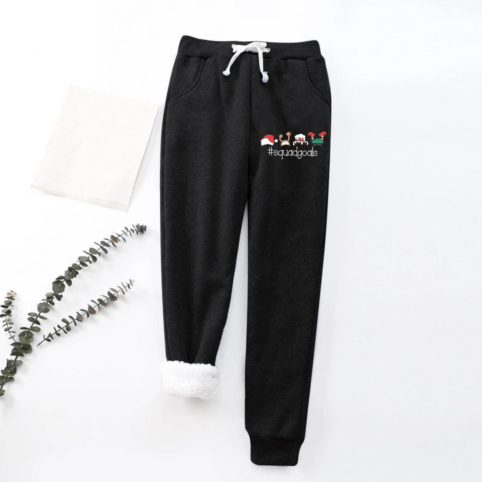 

Women Winter Fleece Warm Christmas Printed Pocket Elastic Waist Lace Up Leggings Sports Casual Trousers