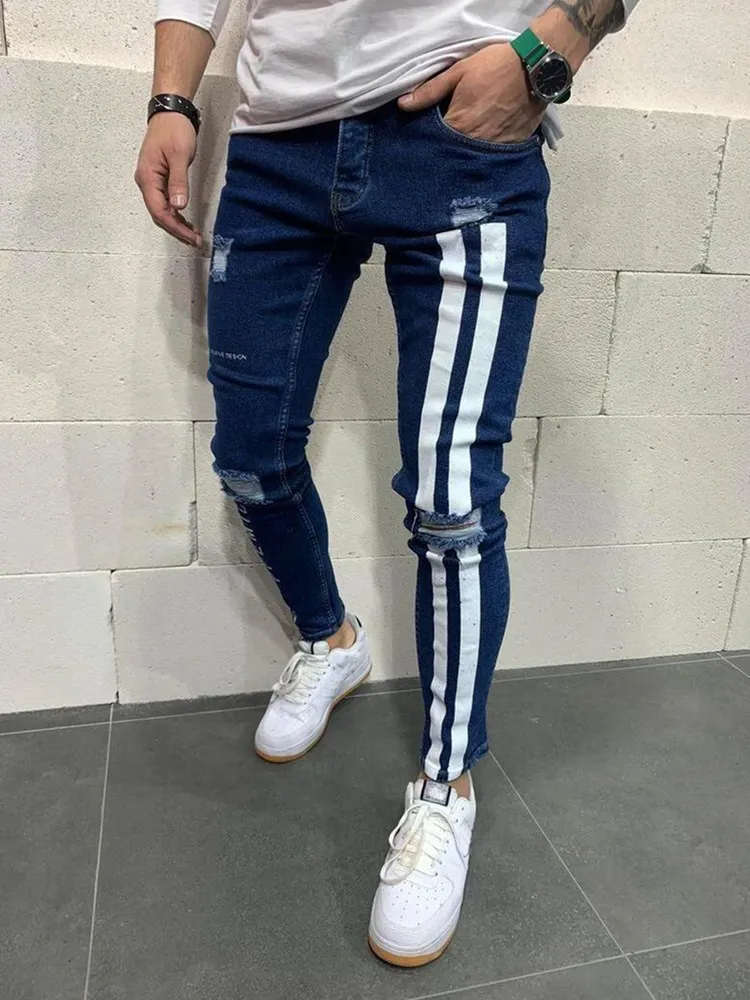 New Fashion Streetwear Men Jeans Vintage Blue Color Thin Destroyed Ripped Jeans men Broken Punk Pants Homme Hip Hop