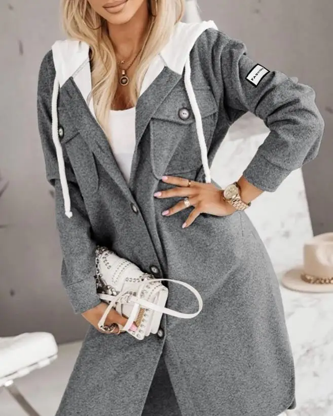 

Woman Winter Hooded Coat Autumn New Casual Long Sleeves Letter Daily Buttoned Pocket Design Longline Hooded Coat for Women