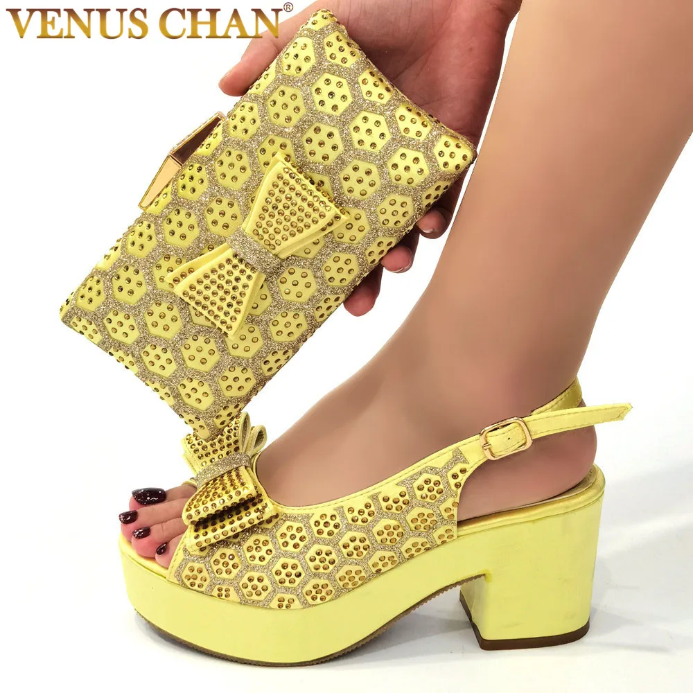 

2022 African Women's Wedding Bridal Platform Comfort High Heel Sandals Gold Color Party Women Pump Matching Shoes and Bag Set
