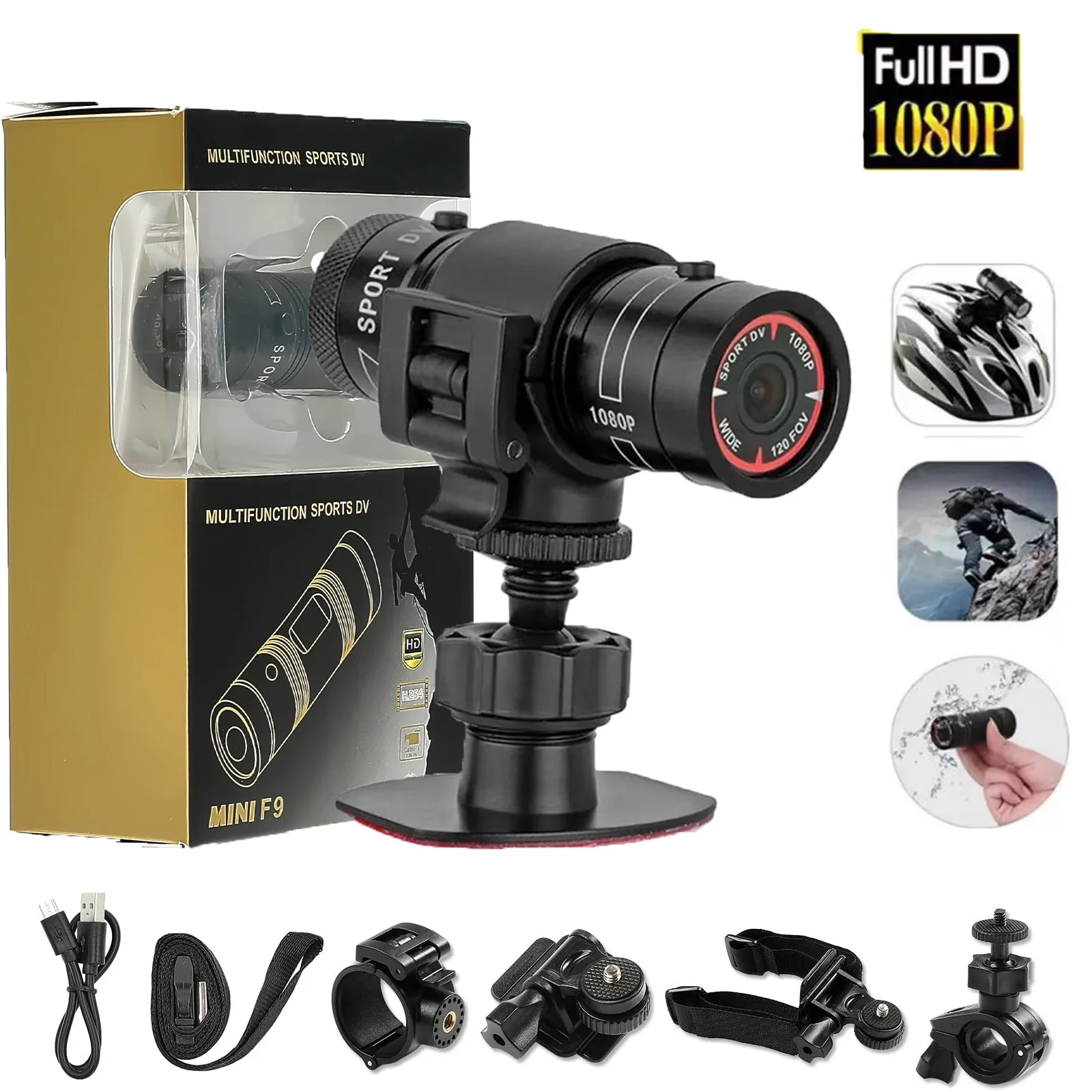 F9 액션 카메라, HD 1080P 자전거 오토바이 헬멧 카메라, 자전거 액션 캠, 야외 스포츠 DV 비디오 녹음기 DVR 자동차 대시 캠