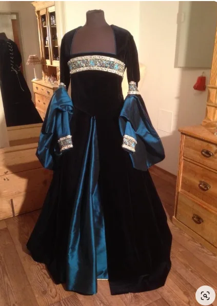 Renaissance Tudor Queen Anne Boleyn Blue Dress Costume Medievale Tudor Fashion Abito Da Sera Abito Teatro Vintage Costume