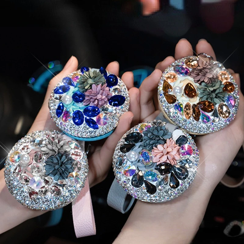 

New Make up mirror with diamond inlaid camellia mirror cute little fresh pendant with diamond inlaid car key chain key ring