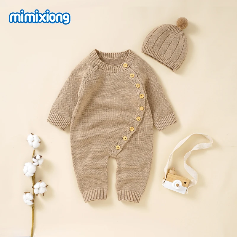 Baby Rompers Knitted Autumn Long Sleeve Newborn Boys Girls Jumpsuits Hats Outfits Sets Winter Solid Infant Netural Overall 0-18m