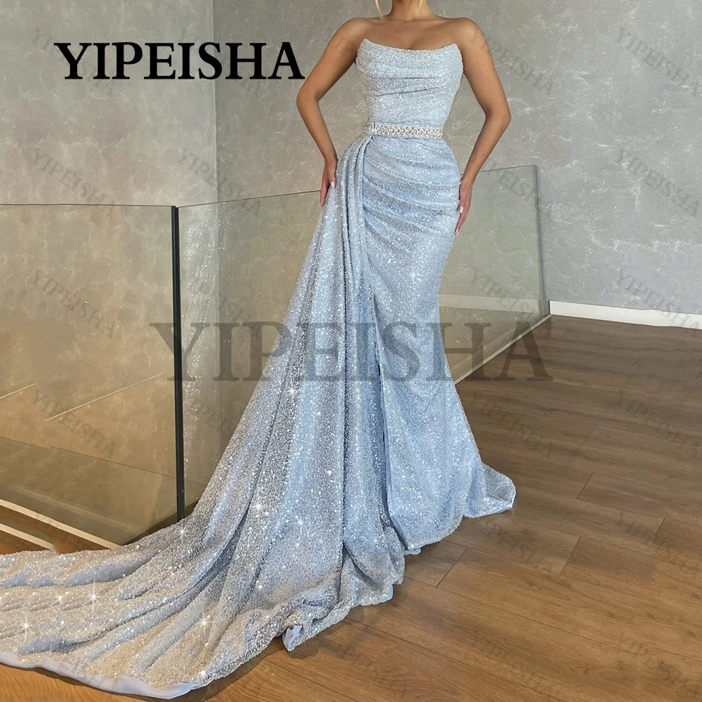 

Glittery Strapless Mermaid Evening Dresses Sleeveless Sweep Train Long Prom Gown Simple Sky Blue Party Dress robes de soirée
