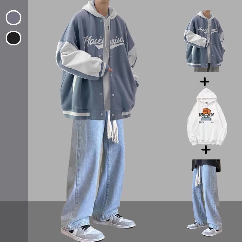 가을 겨울 야구 점퍼와 청바지 남성 캐주얼 3종 세트 트렌디 브랜드 인싸 스타일 재킷 학생 멋진 나인 패치 팬츠