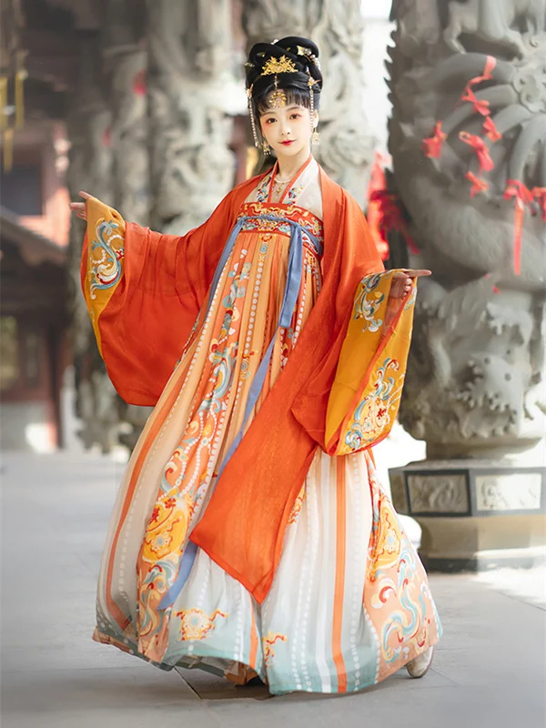 

New Hanfu Woman Han Suit Folk Dance One Piece Tang Printed Skirt Summer Embroidered Large Sleeved Shirt Cosplay Orange Red Suit