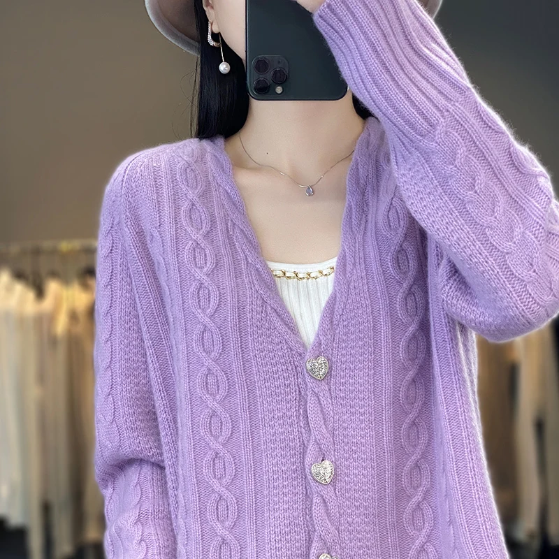 

New Women's Cardigan 100% Pure Wool Women's Loose V-Neck Coat Long Sleeve Soft Outwear Solid Casual Women's Top