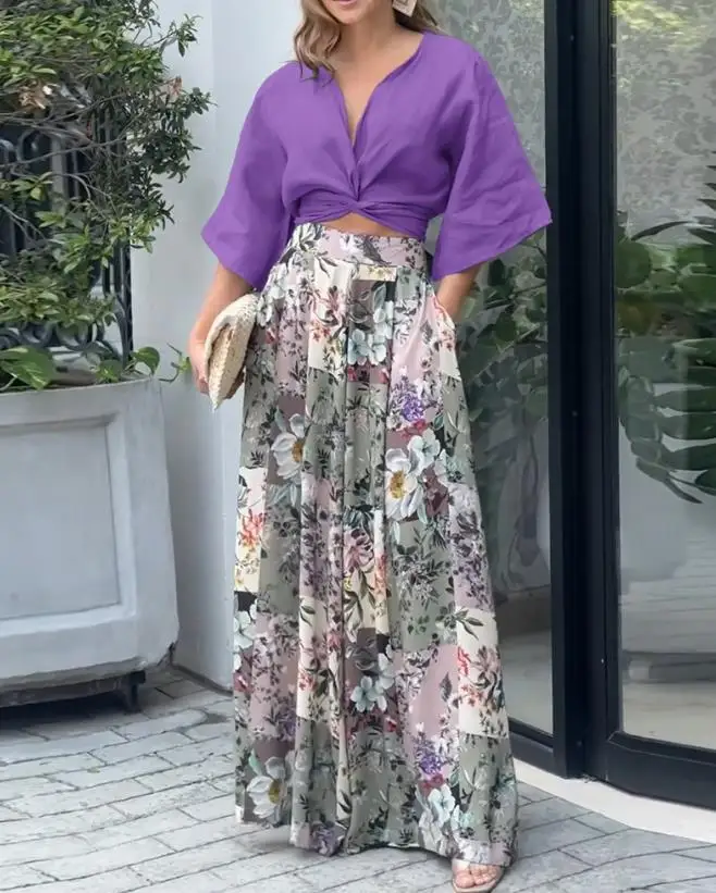 

New Fashion 2024 Summer Casual Sexy Elegant Twisted Crop Top & Floral Print Wide Leg Pants Set Womens Two Piece Sets Outfit