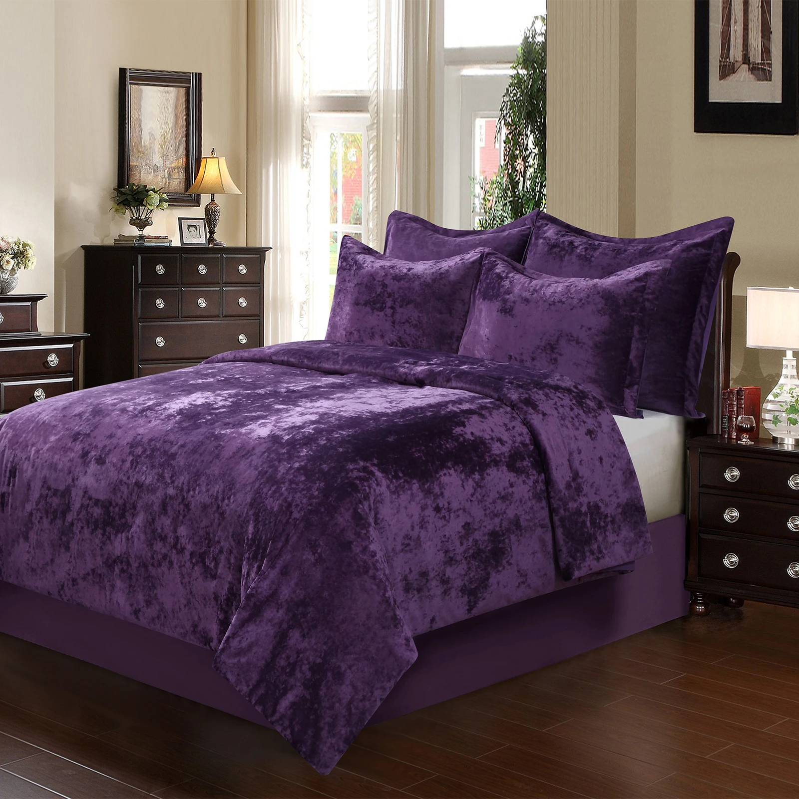 

Distressed Velvet Face and Brushed Solid Microfiber Reverse Purple 5pcs Comforter Set,Light Weight Soft Poly Fill
