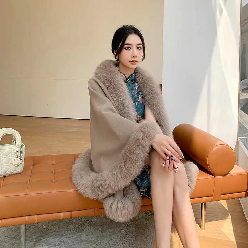 Autumn And Winter Warm Fur Cloak Real Fox Fur Collar High-end Shawl Coat Women's Luxury Outdoor Windproof Warm Cheongsam