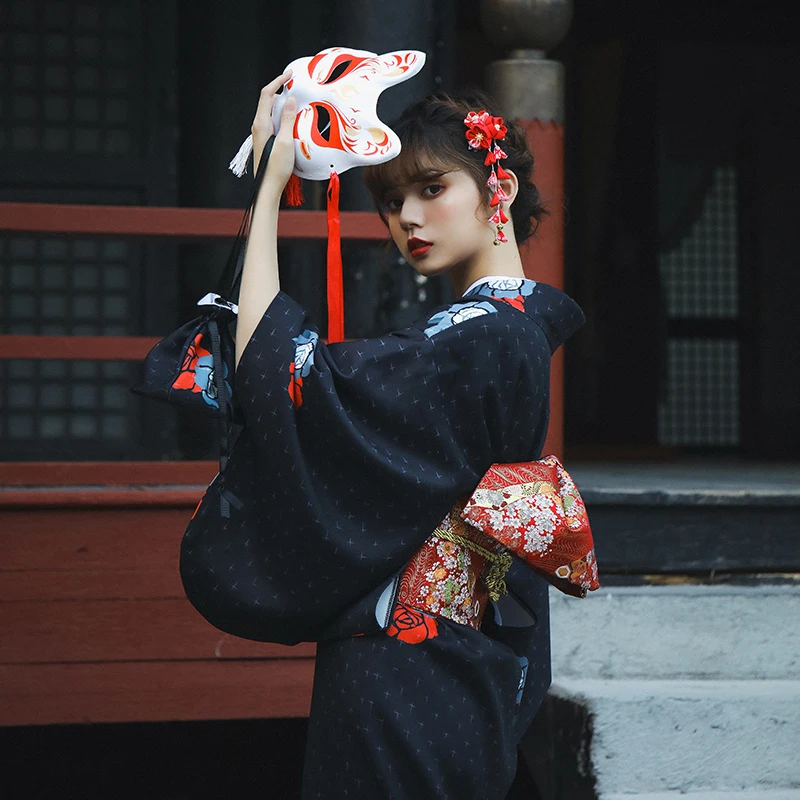Japanese Women Original Yukata Dress Traditional Kimono Performance Dance Costumes Black Color Two Sizes